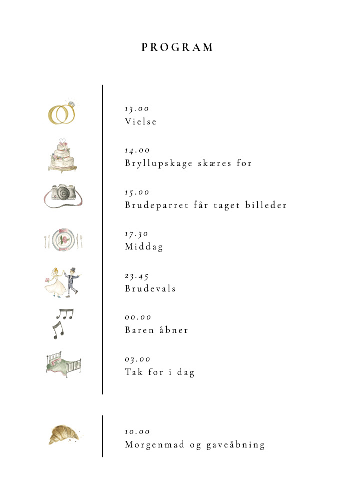 Bryllup - Asta og Mads, tidslinje med vielsesringe, akvarel
